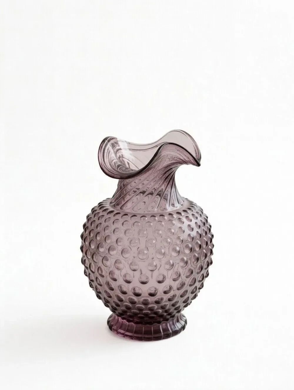 Amethyst Hobnail Glass Vase w/Ruffled Top Purple Art Glass Vtg